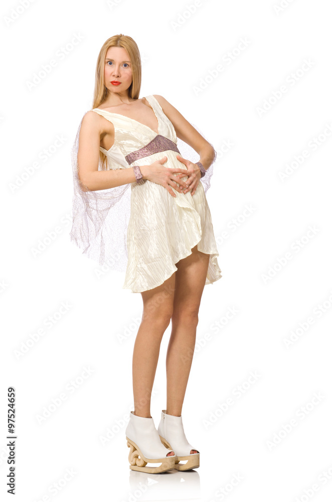 Woman wearing white dress isolated on white Woman wearing white dress isolated on white