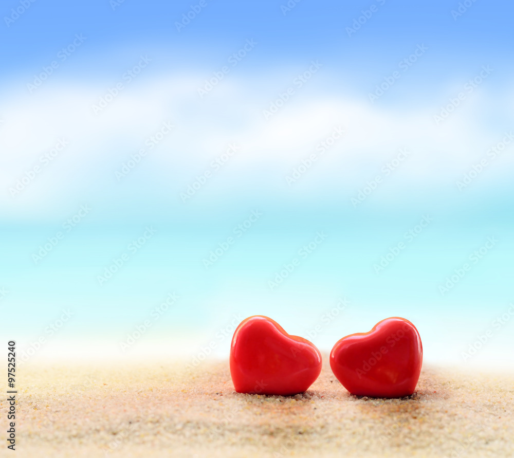 Two hearts on the summer beach. Valentines Day. Two hearts on the summer beach. Valentines Day.