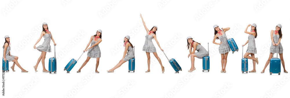 Travelling woman with suitcase isolated on white Travelling woman with suitcase isolated on white