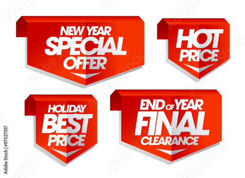 New year special offer, hot price, holiday best price, end of year final clearance sale tags.