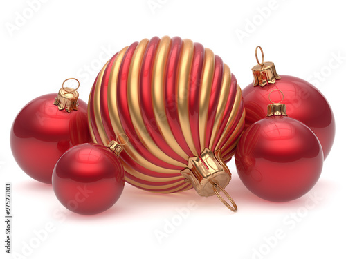 Christmas balls New Year's Eve adornment decoration red golden shiny wintertime hanging baubles group. Traditional ornament happy winter holidays Merry Xmas luxury decor. 3d render isolated