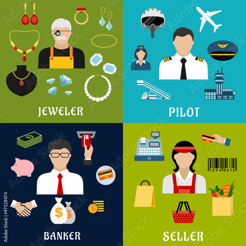 Seller, banker, pilot and jeweler professions