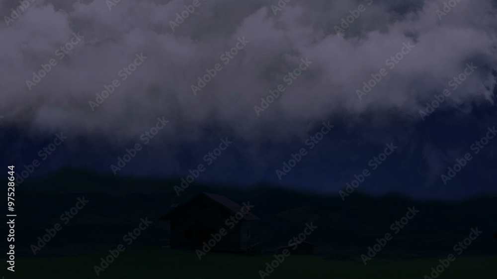 Huge lightning bolts strike above lone country house in valley, storm with sound. Flashes of light illuminate dark sky, clouds in the wind. Disastrous thunderstorm causes severe damage to farmers home Huge lightning bolts strike above lone country house in valley, storm with sound. Flashes of light illuminate dark sky, clouds in the wind. Disastrous thunderstorm causes severe damage to farmers home