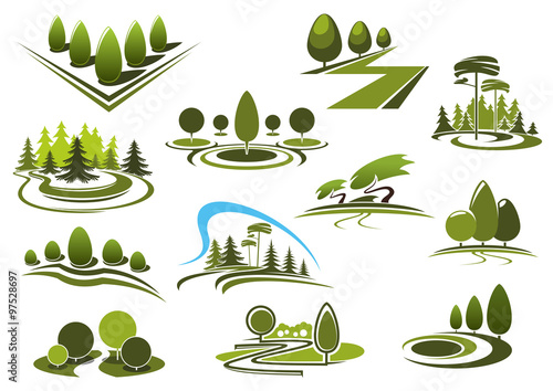 Green park, garden and forest landscape icons