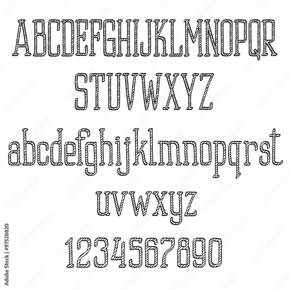 Retro font alphabet and numbers in sketch style