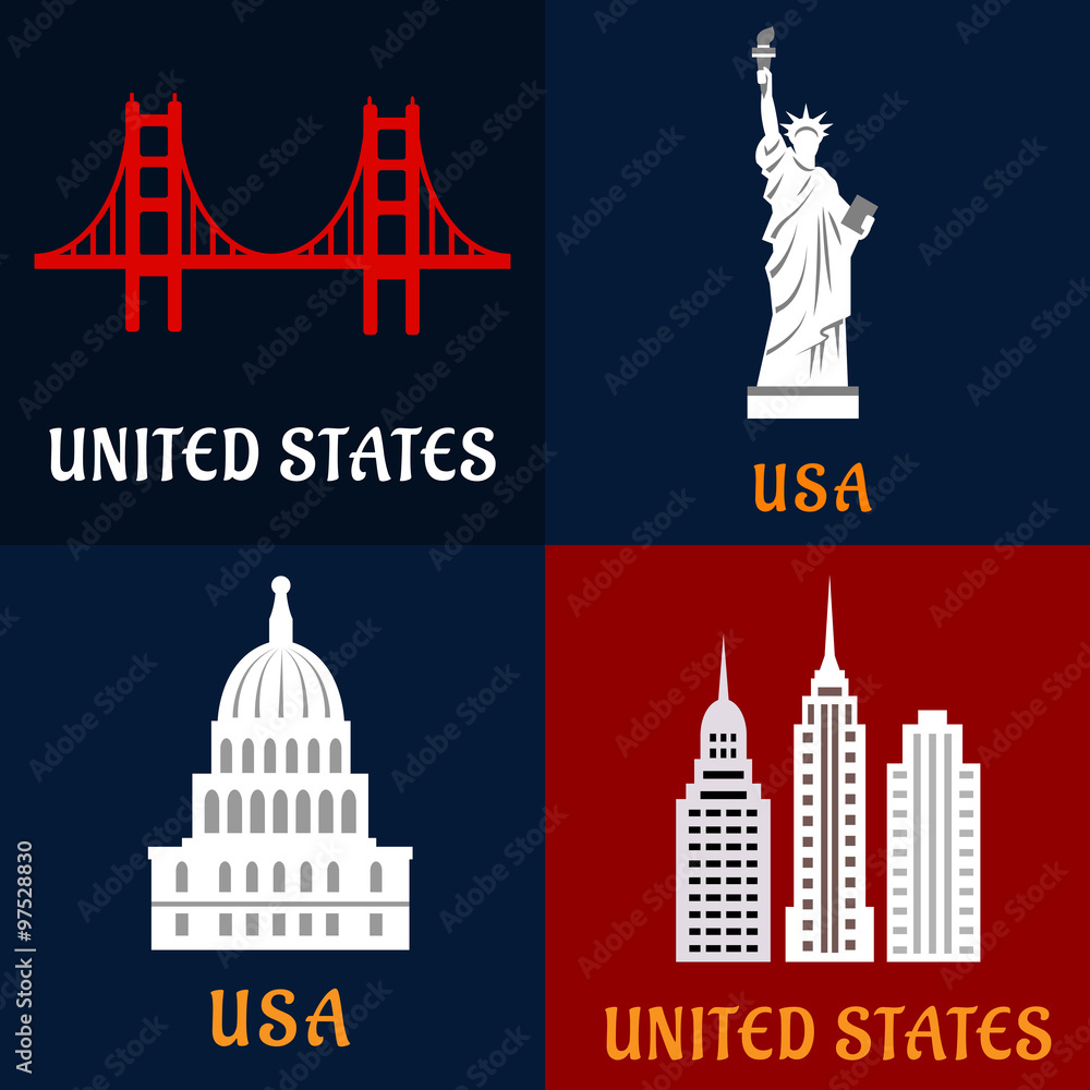 United State landmark and travel flat icons