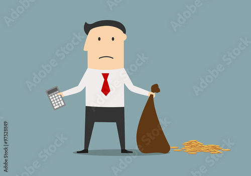 Bankrupt manager with calculator and empty bag