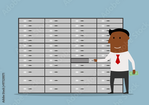Happy manager in bank near deposit box