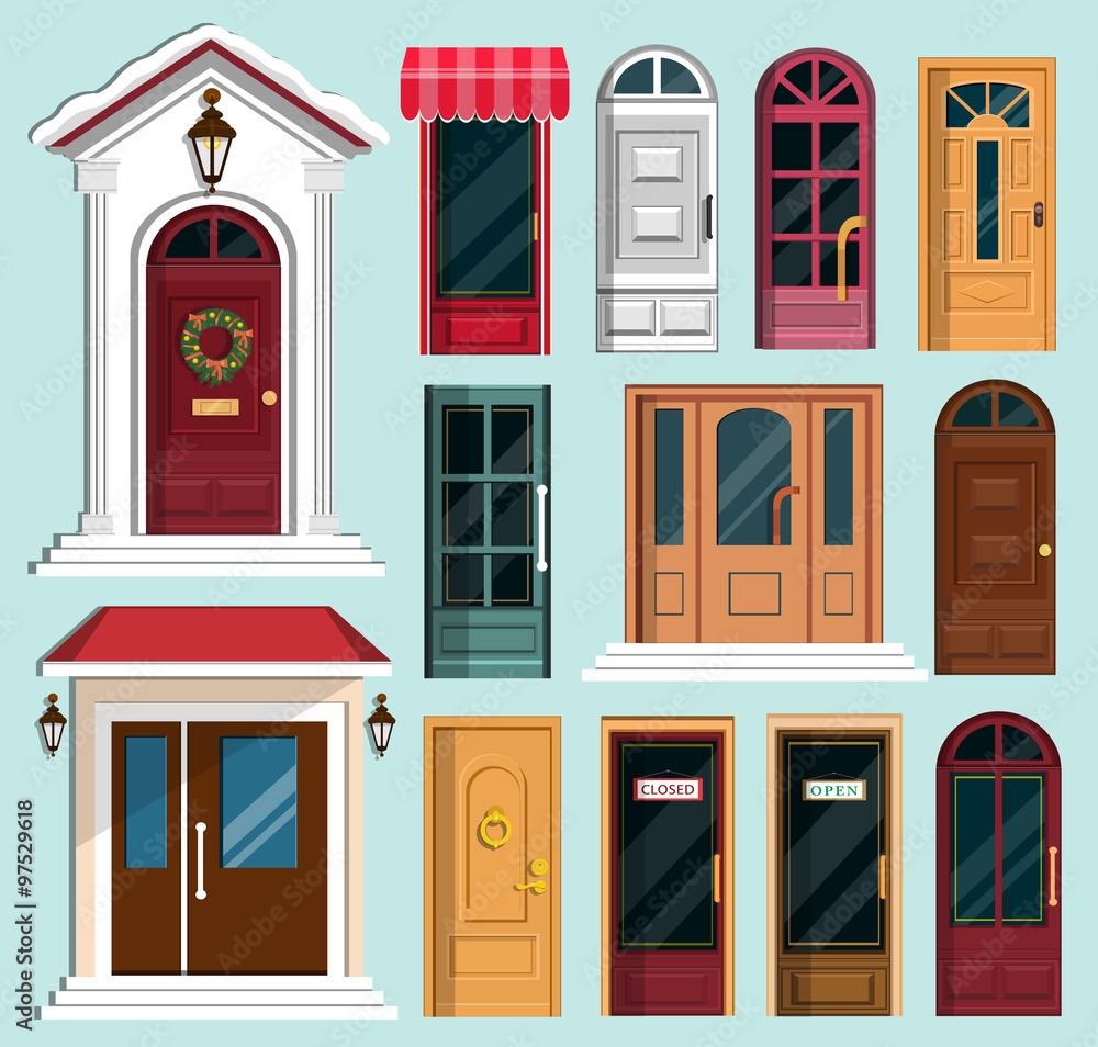 Naklejka premium Set of detailed colorful front doors to private houses and buildings. Front door with Christmas wreath. Flat style vector illustration.