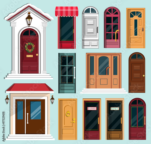 Set of detailed colorful front doors to private houses and buildings. Front door with Christmas wreath. Flat style vector illustration.