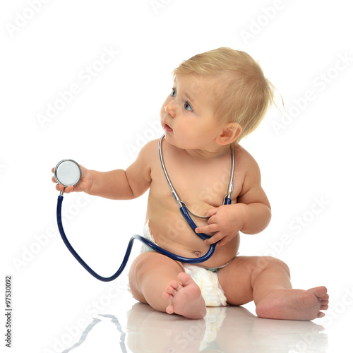 Quadro su tela Infant child baby toddler sitting with medical stethoscope for p