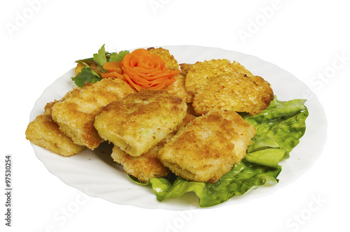 Schnitzel cabbage on white plate with salad, isolated