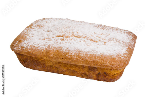 honey cake with powdered sugar on the plate, isolated