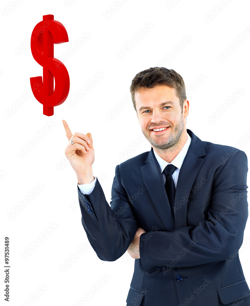 young businessman smiling and points at the the dollar symbol young businessman smiling and points at the the dollar symbol