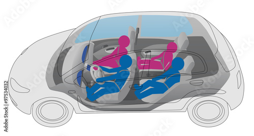 generic vehicle and driver, passengers, vector illustration