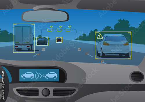 Head up display(HUD) and various information, vehicle interior, vector illustration