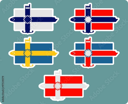 finland, norway, sweden, denmark, iceland national flag with icons