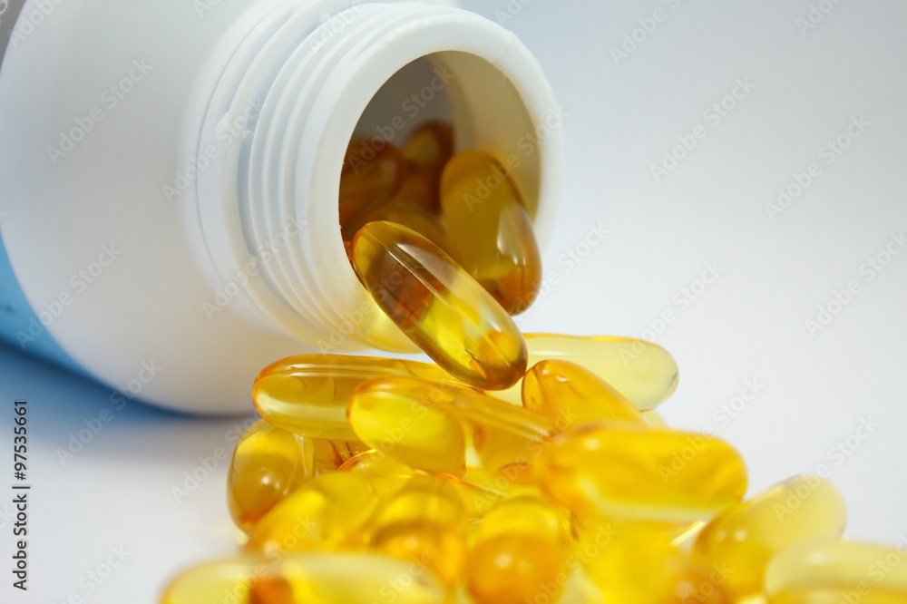 Fish oil capsules and container Fish oil capsules and container