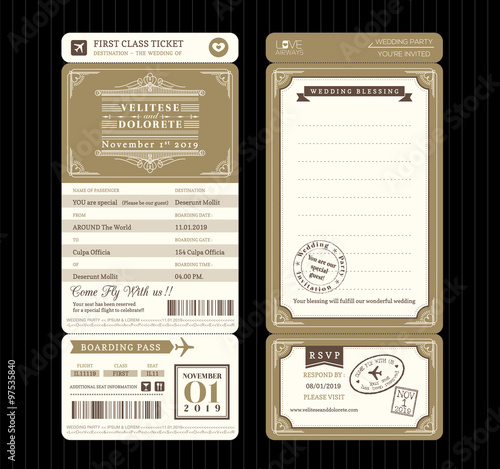 Vintage style Boarding Pass Ticket Wedding Invitation Template