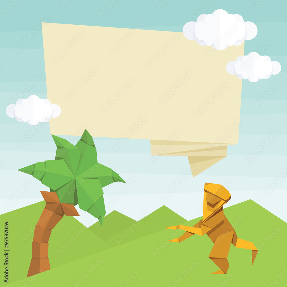 Fototapeta premium Origami monkey, palm tree, balloon and clouds. Vector simple flat illustration