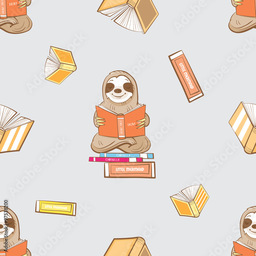 Vector seamless pattern with cute cartoon  sloth fnd books  on gray  background.