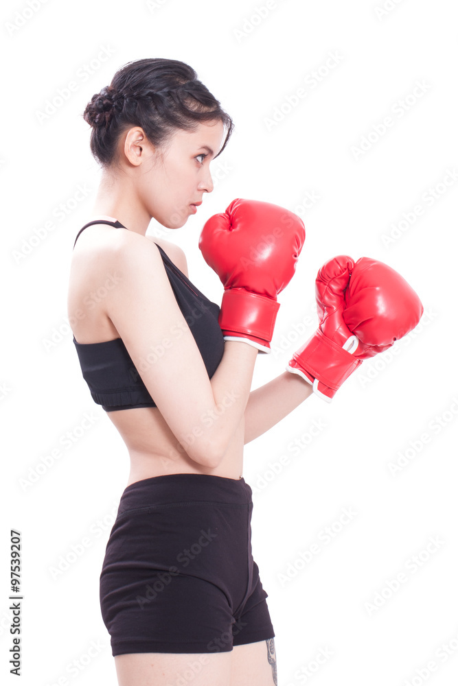 Boxer woman. Boxing fitness woman wearing red boxing gloves on white background. Boxer woman. Boxing fitness woman wearing red boxing gloves on white background.