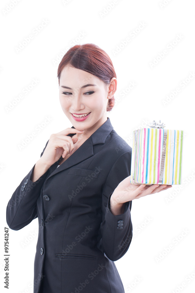 Portrait of beautiful businesswoman with gift box and thinking on white background Portrait of beautiful businesswoman with gift box and thinking on white background