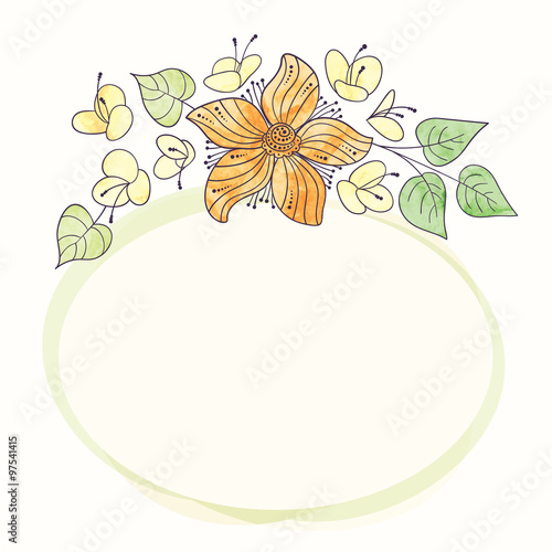 Vector watercolor round flower frame. Hand draw floral border