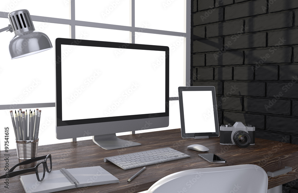 Fototapeta premium 3D illustration PC screen on table in office, Workspace