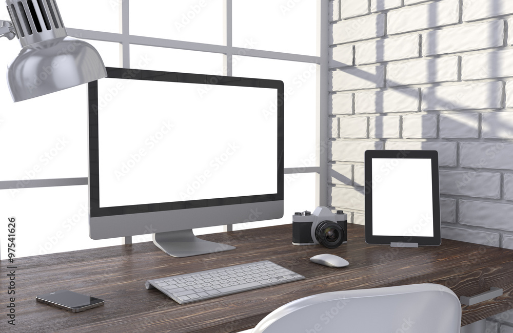Fototapeta premium 3D illustration PC screen on table in office, Workspace