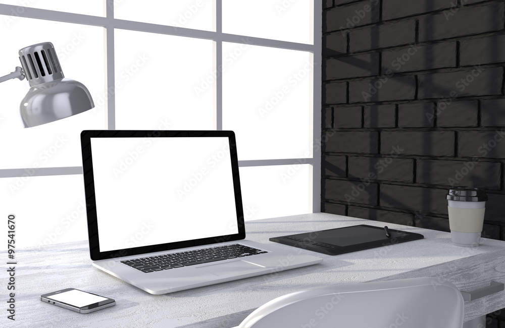 3D illustration laptop and work stuff on table near brick wall, Workspace 3D illustration laptop and work stuff on table near brick wall, Workspace