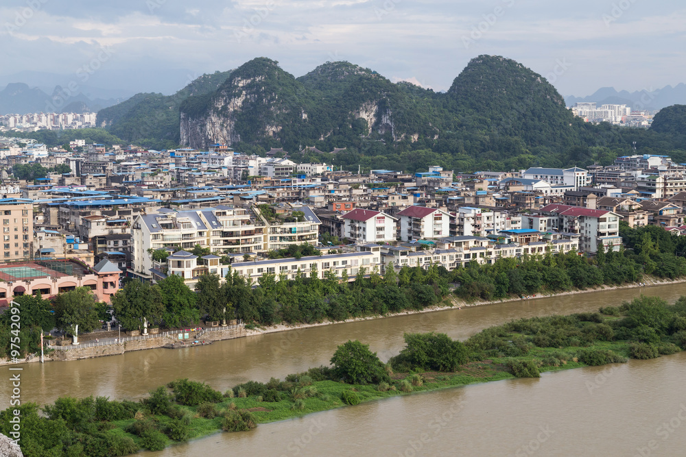 Panorama of Guilin and its karst mountains from Fubo  hill