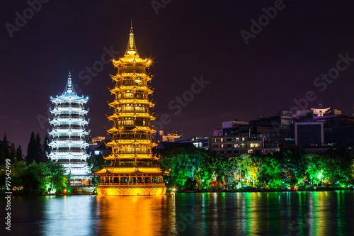 Sun and Moon twin double pagodas and Shanhu lake in  Guilin