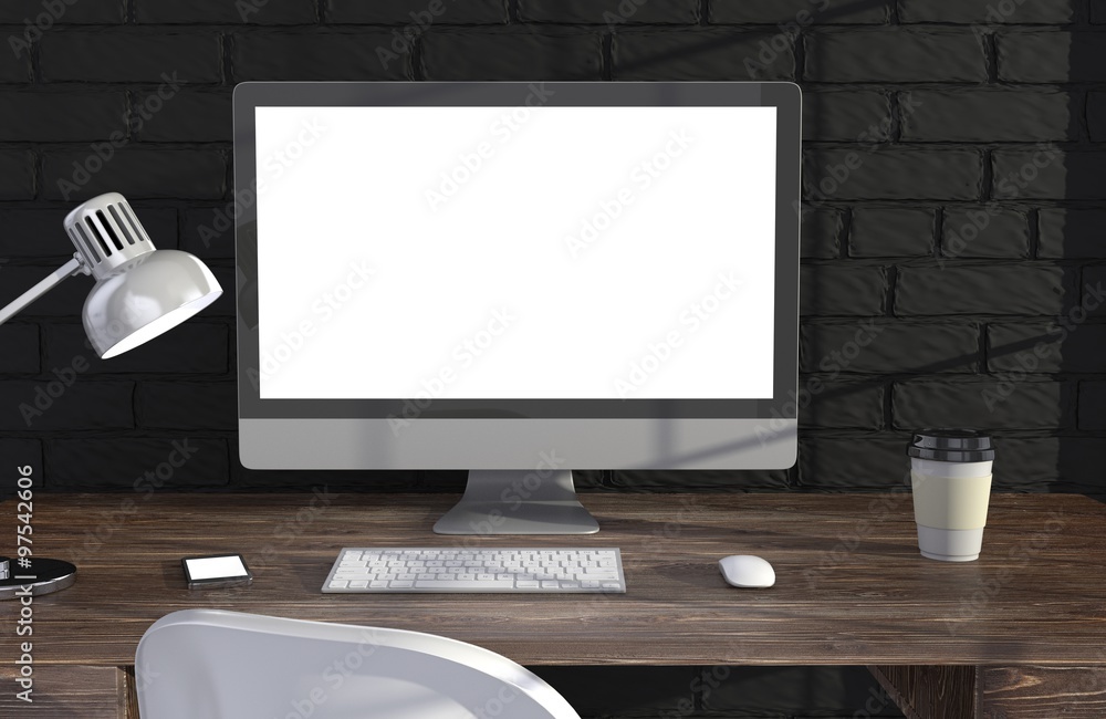 Fototapeta premium 3D illustration PC screen on table in office, Workspace