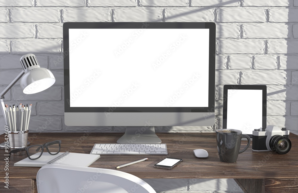 Fototapeta premium 3D illustration PC screen on table in office, Workspace