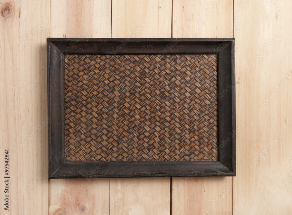Fototapeta premium square wood tray on table wood, top view