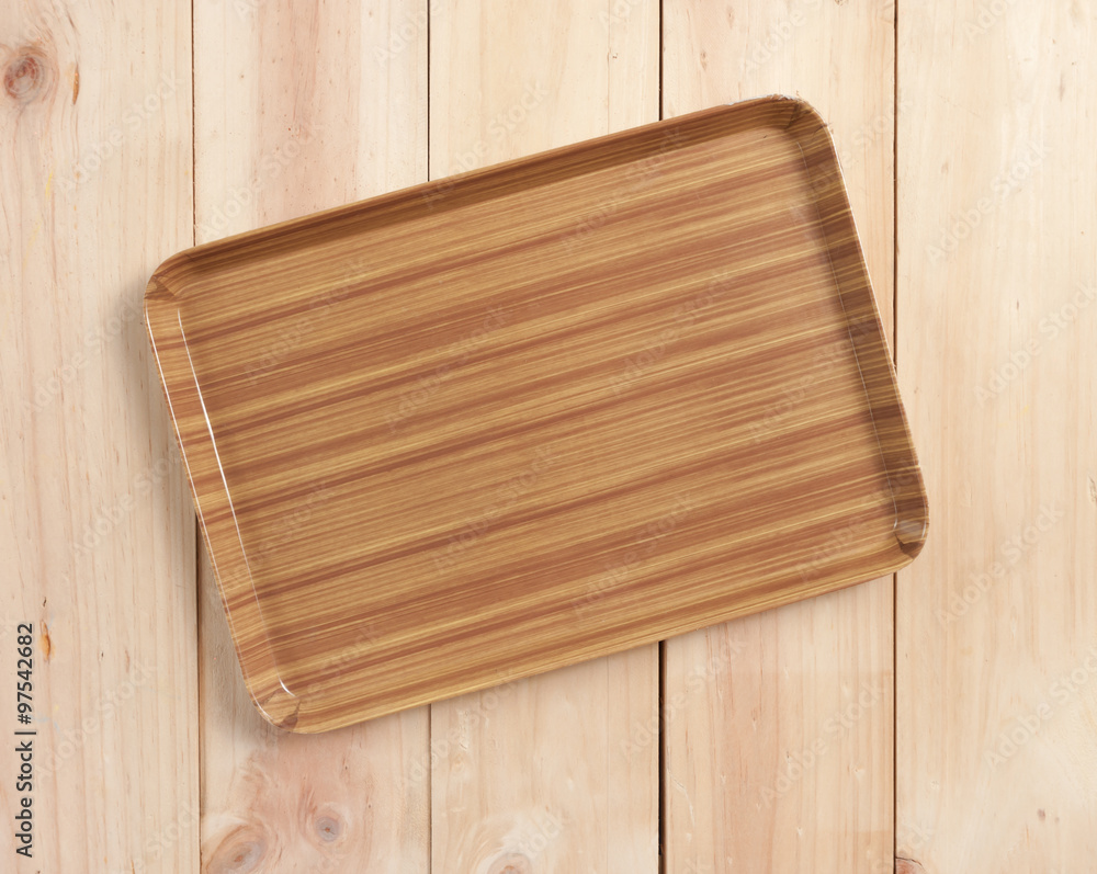 square wood tray on table wood, top view square wood tray on table wood, top view