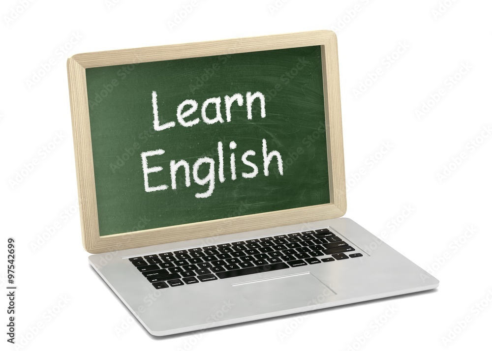 Laptop with chalkboard, learn english, online education concept Laptop with chalkboard, learn english, online education concept