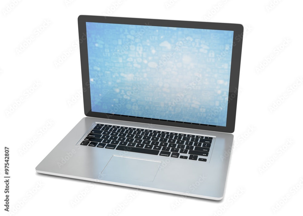 3d rendering of a laptop with blue wallpaper with app icon 3d rendering of a laptop with blue wallpaper with app icon