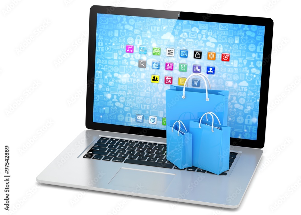 laptop and shopping pags on white background laptop and shopping pags on white background