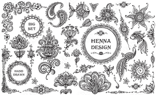 Vector Set of henna floral and animal elements photo