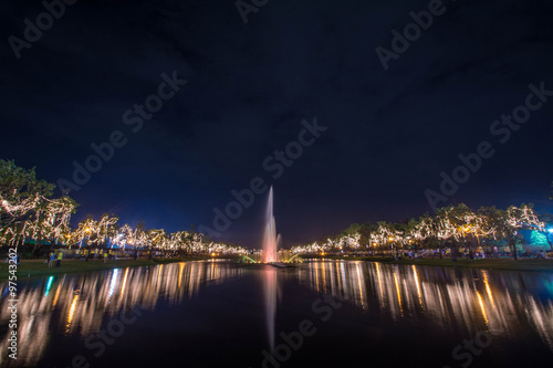 fountain at night in Suan Luang Rama 9 Park and Botanical Garden is the largest in Bangkok