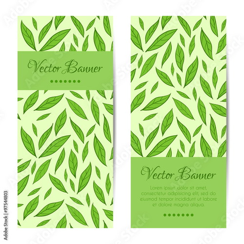 Vector banners, cards set. Green leaves pattern