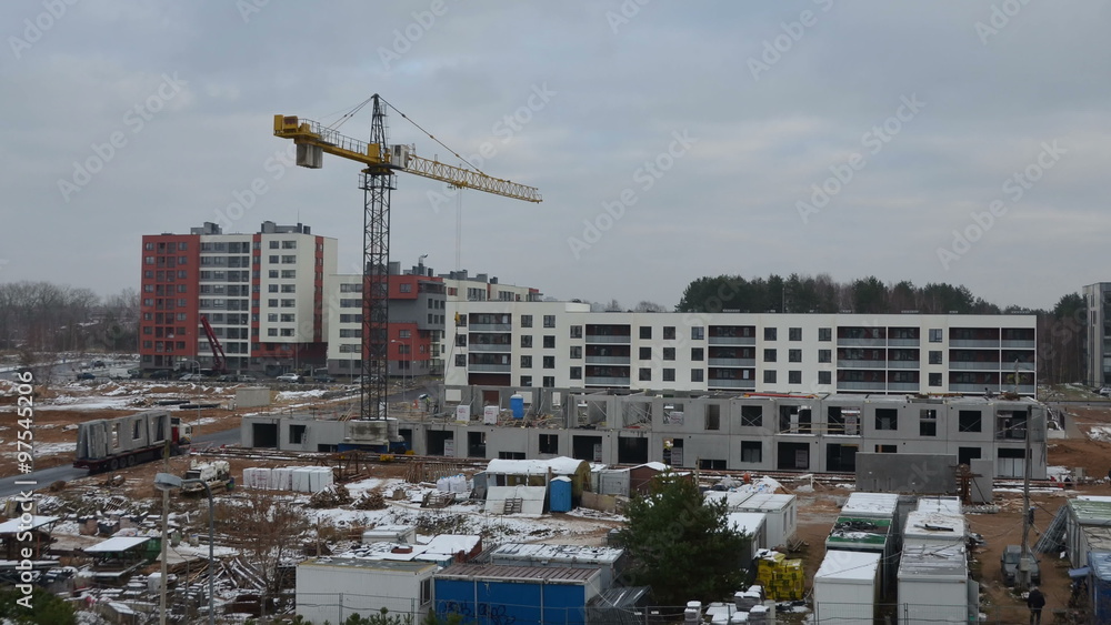 One year timelapse time lapse of construction site industrial works. Workers with cranes building block flat apartment house district. Static shot. 4K
