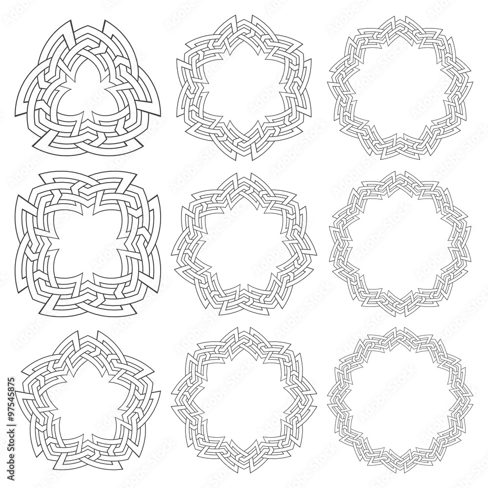 Set of magic knotting circles. Nine decorative logo elements with stripes braiding for your design Set of magic knotting circles. Nine decorative logo elements with stripes braiding for your design