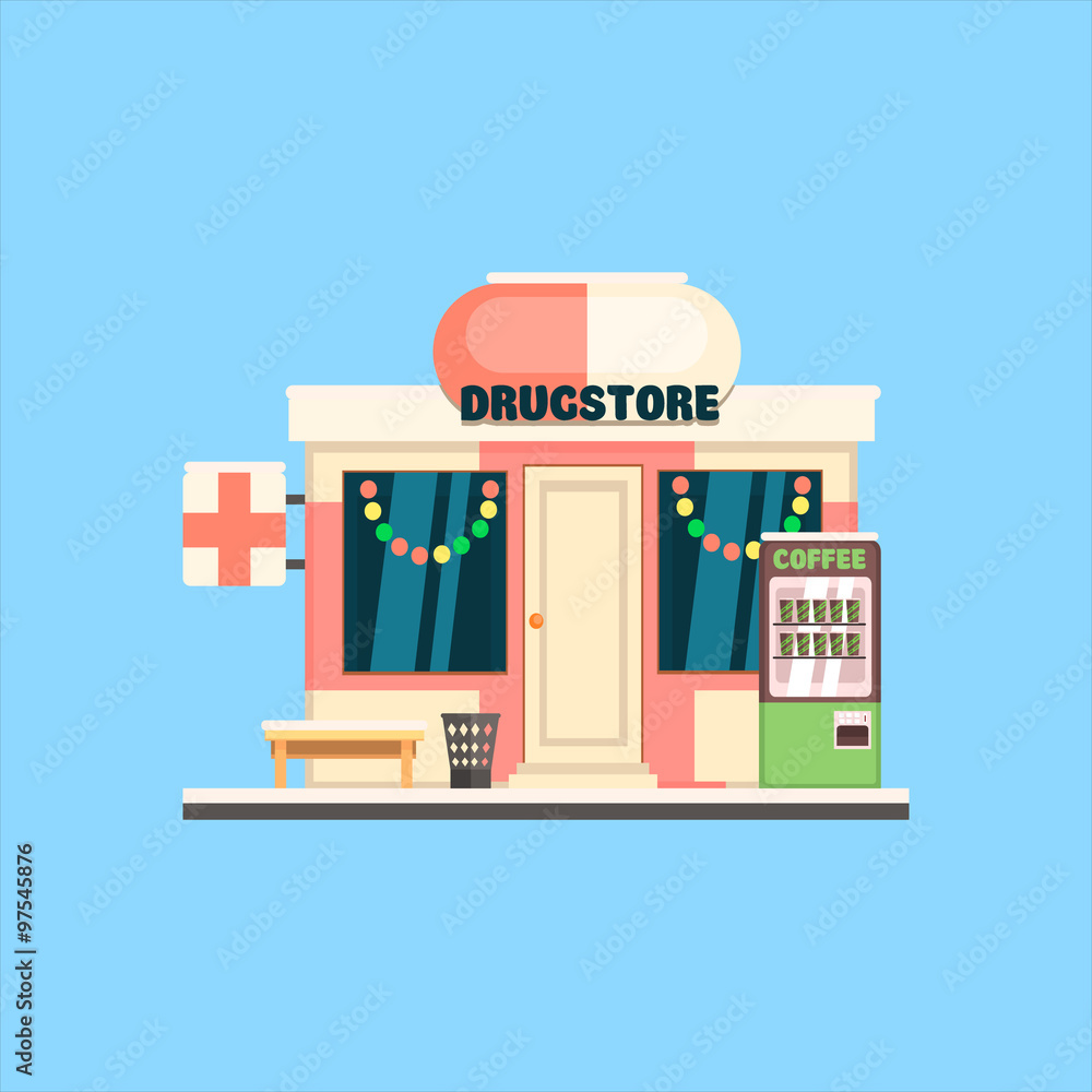 Drugstore Front in Christmas. Vector Illustration Drugstore Front in Christmas. Vector Illustration