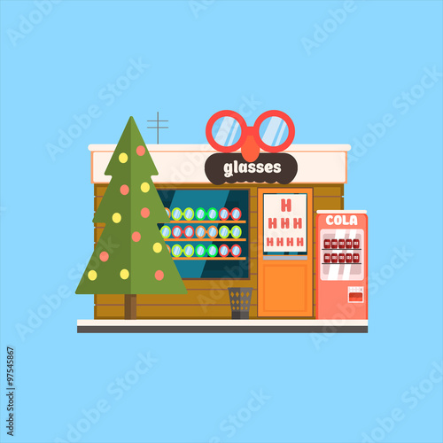 Fototapeta Naklejka Na Ścianę i Meble -  Glasses Shop Front in Christmas. Vector Illustration
