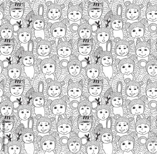 Big group children carnival costume animals seamless pattern.