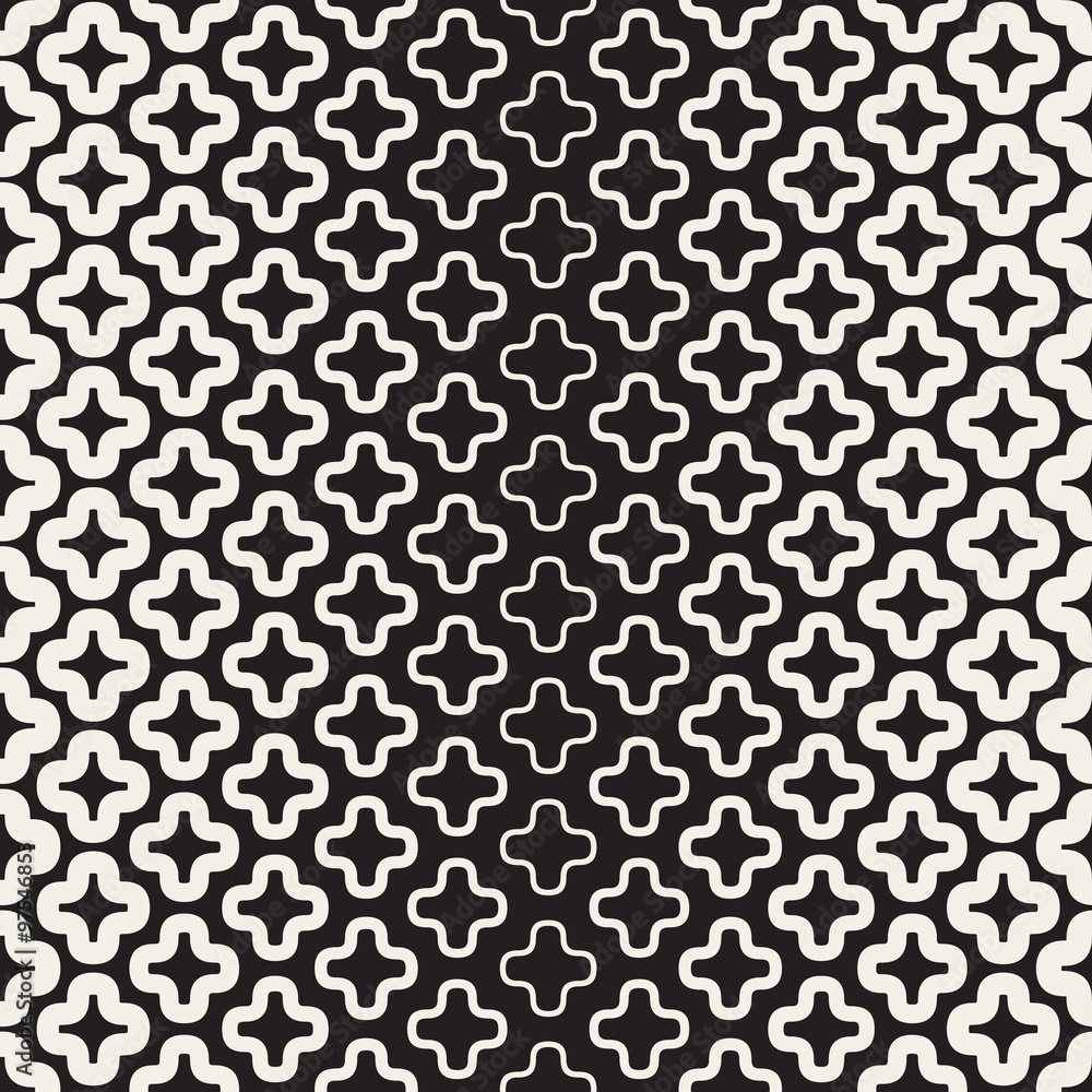 Vector Seamless Black And White Rounded Outline Cross Shape Gradient Halftone Pattern