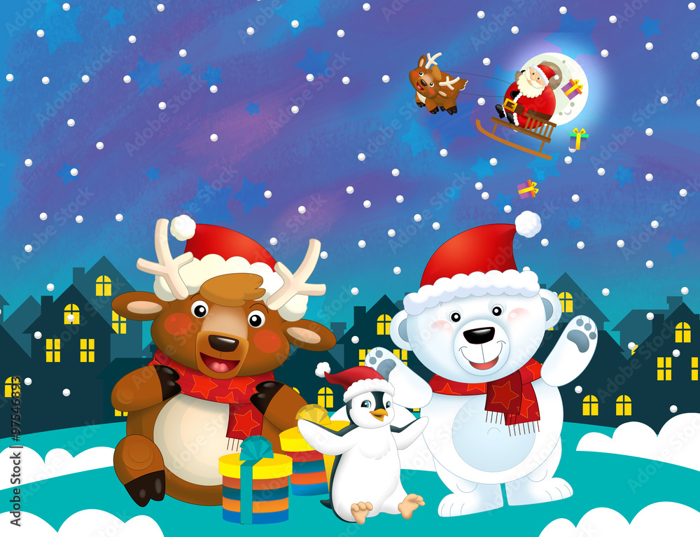 Christmas happy scene with different animals and santa - space for text - illustration for the children Christmas happy scene with different animals and santa - space for text - illustration for the children